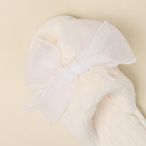 Women's White Cute Bow Open Toe Fuzzy House Memory Foam Anti Skid Slippers Shoes - Picture 8 of 9